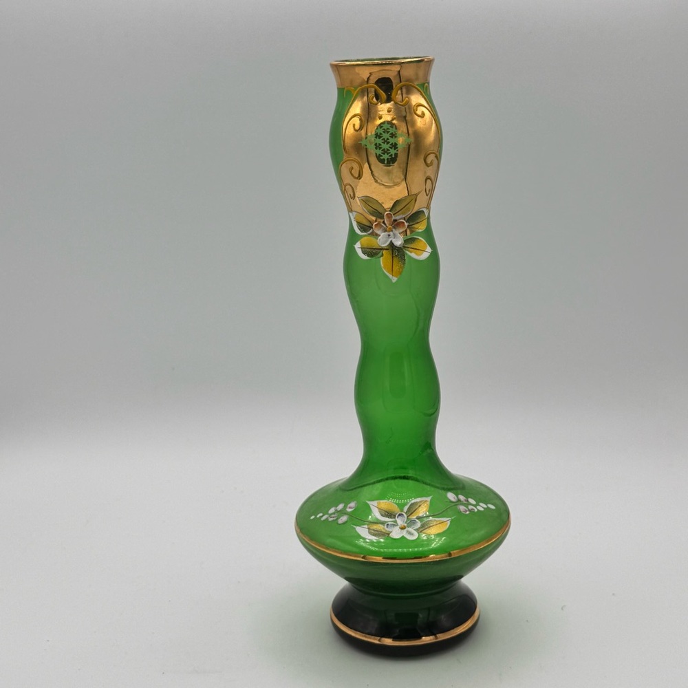 Vintage Bohemian Green Glass Vase - Enamel Florals & Gold Gilt Hand-Painted 8”